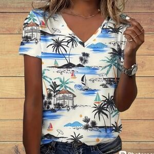 New Blue Tropical Palms V Neck Tee Top Sz XL